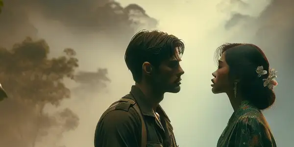 A soldier and a woman share an intense emotional connection amidst a Vietnam War backdrop.