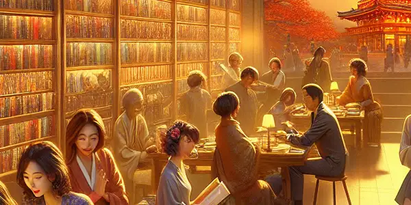 A cozy, dimly-lit room with diverse individuals discussing erotic literature and Japanese adult films, surrounded by colorful book covers.