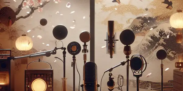 A cozy, dimly-lit room with vintage audio equipment, Japanese lanterns, and cherry blossoms, suggesting an intimate storytelling experience.