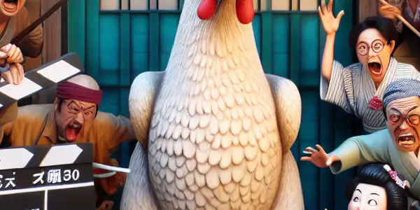 A vibrant film set depicting actors in humorous, awkward situations with playful props and Japanese cultural elements.