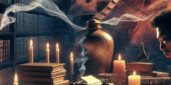 A sophisticated author writes at a vintage desk, surrounded by classic erotic novels and elements of Japanese AV cinema.