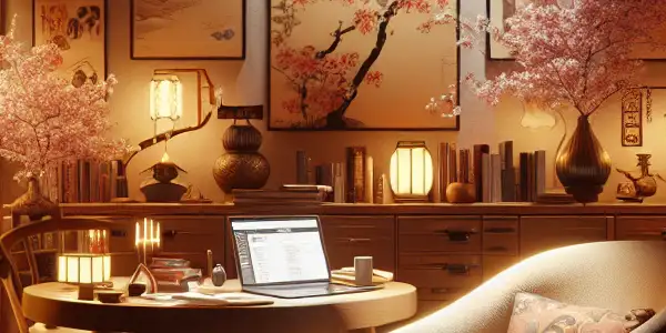 A cozy library showcasing the "Fifty Shades" series, featuring cherry blossoms, a laptop, and elegant adult-themed artwork.