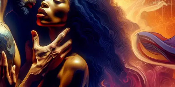 A passionate couple in an intimate embrace, surrounded by flowing silk and vibrant, abstract colors.