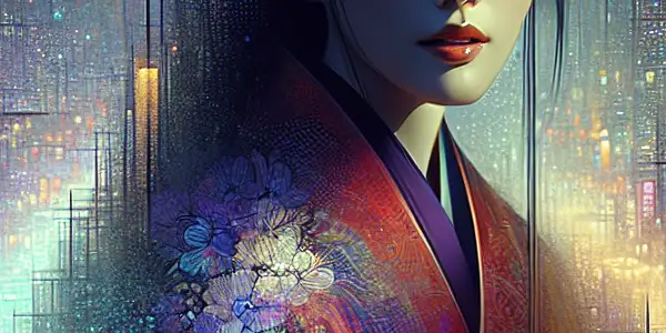 A seductive woman named 白洁 in a twilight urban setting, surrounded by blurred silhouettes of intimate couples.