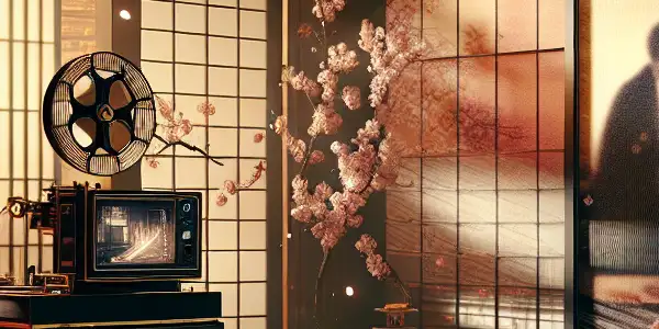Intimate Japanese room with sliding doors, vintage projector, and silhouettes, evoking passion and allure.
