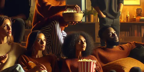 A cozy movie night with friends in a dimly lit room, enjoying snacks and conversation.