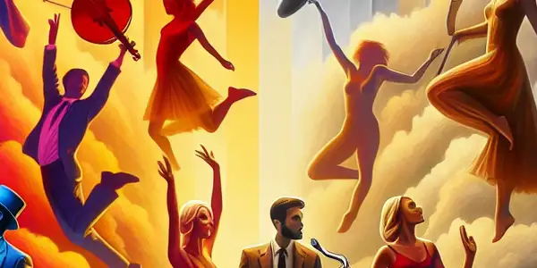 A vivid scene contrasting joyful interactions with melancholic reflections, showcasing emotional depth through color and character expression.