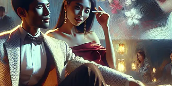 A sophisticated film set featuring elegantly dressed characters in a warm, intimate atmosphere, symbolizing high-quality Japanese adult entertainment.