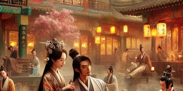 A playful 16th-century Chinese courtyard scene featuring a charming scholar and a confident woman in traditional attire.