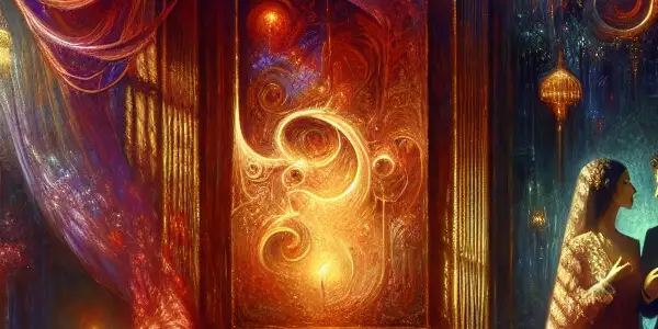 A dimly lit room with elegantly dressed figures exchanging intense gazes, surrounded by sensual decor and symbolic elements of desire.