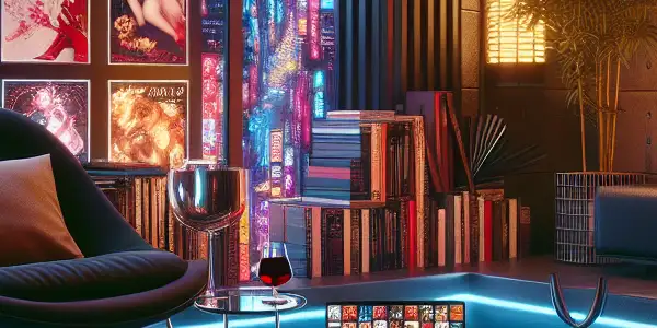 A cozy apartment scene filled with neon lights, romance novels, and a glass of wine, evoking urban passion.
