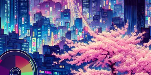 A vibrant, neon-lit Tokyo cityscape depicting the allure of Japanese adult video culture with artistic characters and themes.