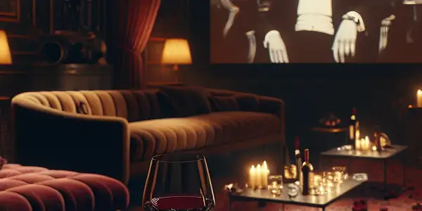 A luxurious, dimly lit room featuring a film projector, elegant handcuffs, red wine, and rose petals, evoking sensuality and desire.