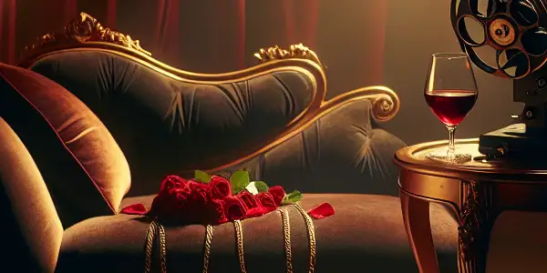 A luxurious, dimly lit room with a vintage film projector, elegant handcuffs, red wine, and scattered rose petals.