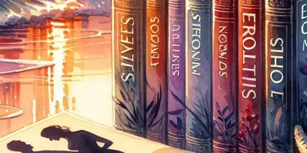 A serene beach at sunset with open books on the sand and silhouettes of couples in the distance.