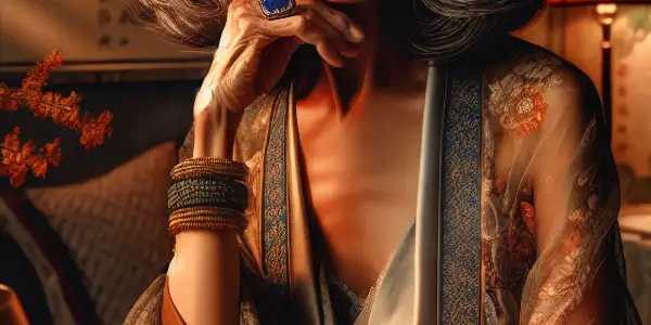 A confident, sensual mature woman in an elegant room, surrounded by storytelling elements and a warm atmosphere.