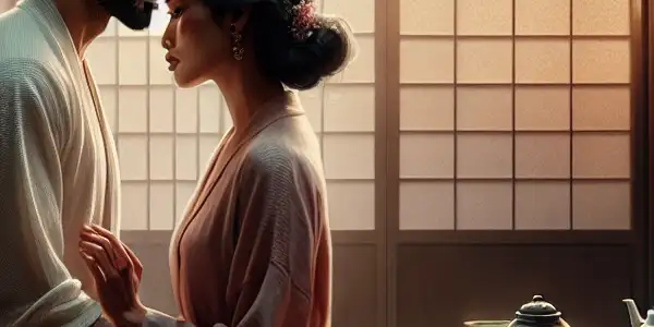 A romantic couple in a traditional Japanese room, sharing tender moments amidst elegant decor and soft lighting.
