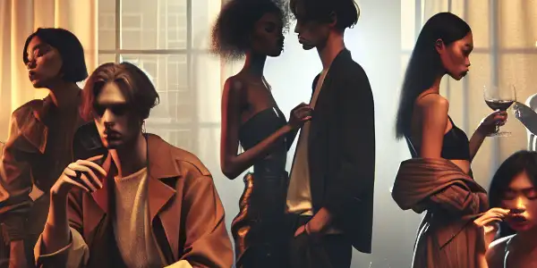 A modern apartment scene with diverse young adults engaged in intimate conversations, hinting at tension and desire.