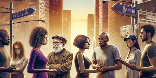 A diverse group of people passionately debating in a bustling urban setting, surrounded by symbols of controversy and differing opinions.