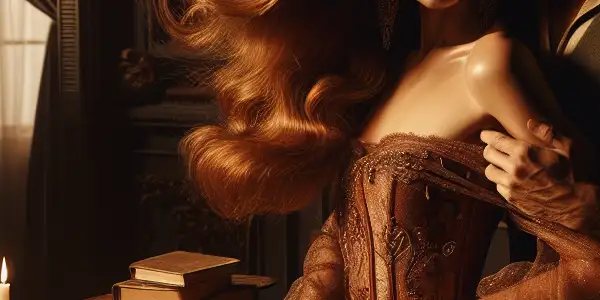 A dimly lit room with two characters expressing desire, surrounded by intimate decor and an open book.