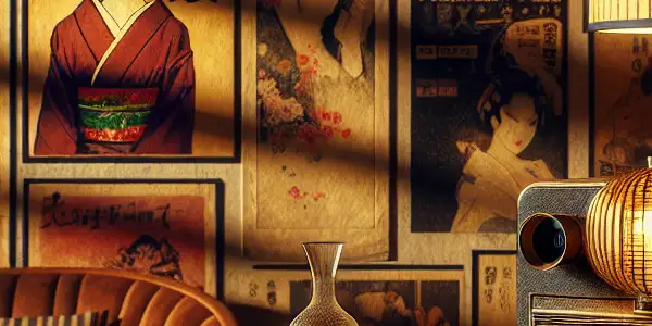 A dimly lit room showcasing vintage film reels and artistic erotic scenes, evoking intimacy and allure.