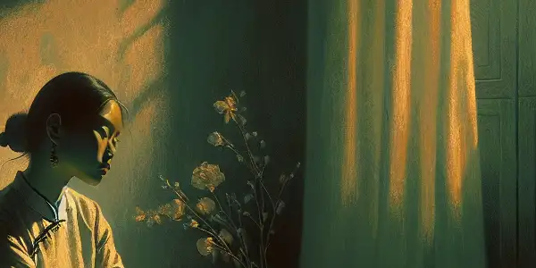 A solitary woman in a dim room reflects on loneliness and desire, surrounded by soft shadows and subtle symbols.