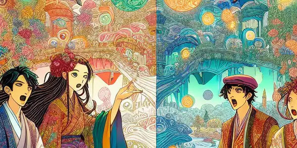 A vibrant, fantastical scene featuring diverse characters in playful poses amidst whimsical landscapes and colorful elements.