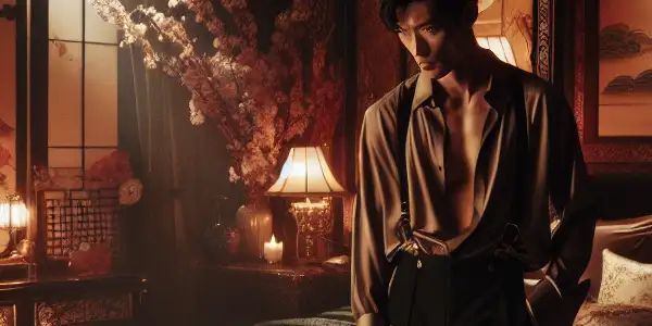 A dimly lit luxurious bedroom with a seductive character, blending Eastern and Western aesthetics, evoking intimacy and desire.