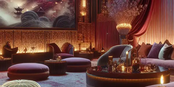 A luxurious, dimly lit room showcasing Japanese adult films, featuring plush furnishings and an intimate atmosphere.