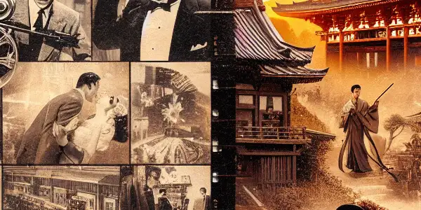 A nostalgic collage blending classic Western and Japanese adult film elements in a vintage film studio setting.