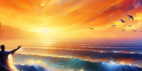 A serene sunset seascape with two figures on the shore, symbolizing freedom and emotional connection.