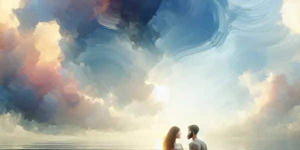 A couple shares an intimate moment on a serene seaside under a vast, emotional sky filled with clouds.