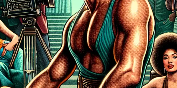 A nostalgic 1970s movie set featuring a charismatic male lead and diverse actors in playful, suggestive poses.