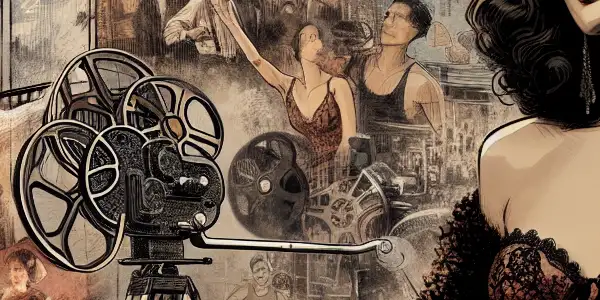 A glamorous woman in vintage lingerie poses confidently in a moody 1990s Hong Kong film studio setting.