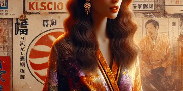 A glamorous female protagonist in a 1990s Hong Kong film studio, exuding elegance and intrigue amidst vintage erotic movie posters.